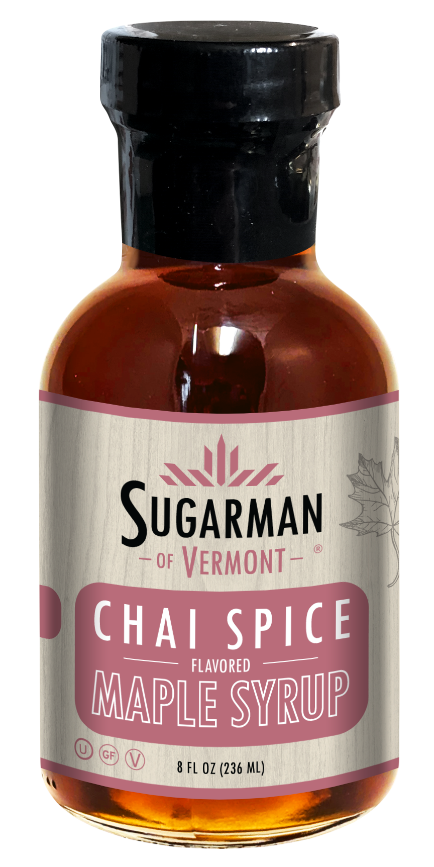 Chai spice flavored maple syrup in an 8 oz bottle by Sugarman of Vermont.